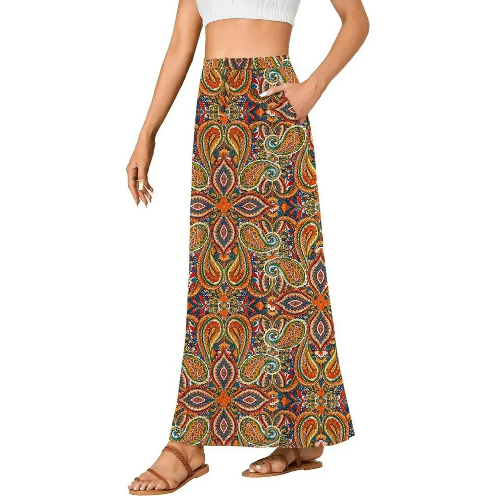 Women's Multicolor Orange High Waist Button Front A-Line Long Cozy Maxi Skirts - Picture 4 of 4